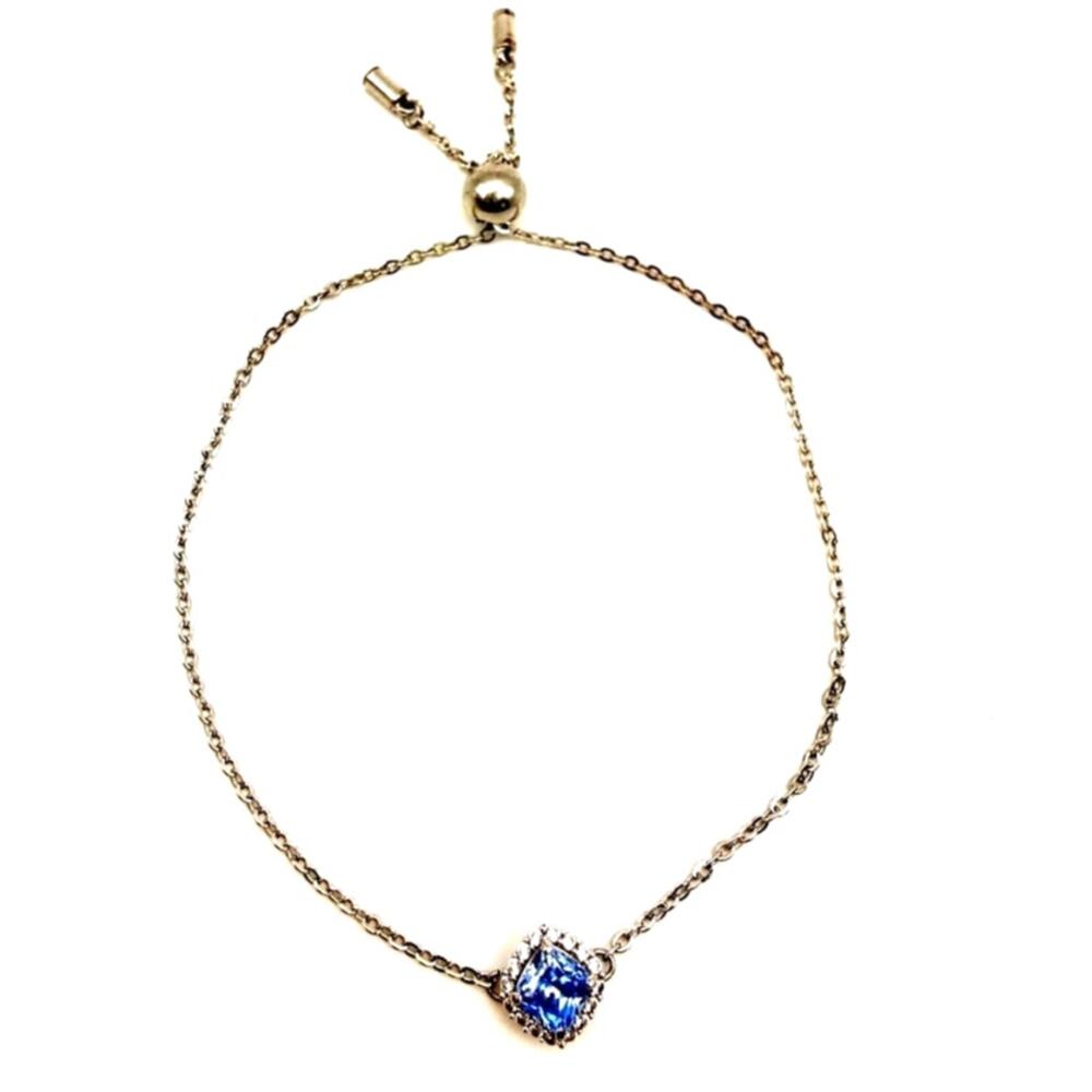 Swarovski Rhodium Plated Blue Birthstone Cushion Crystal Bolo Chain Bracelet